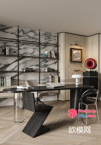 Elegant Modern Office Space With Dark Wood And White Marble 3D SketchUp File