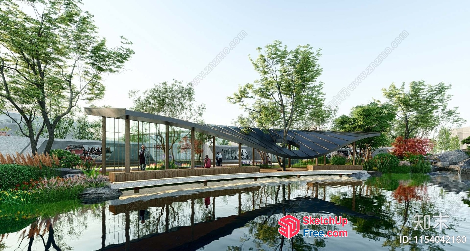 Serene Outdoor Oasis With Glass Curtain Wall And Lush Greenery 3D SketchUp File