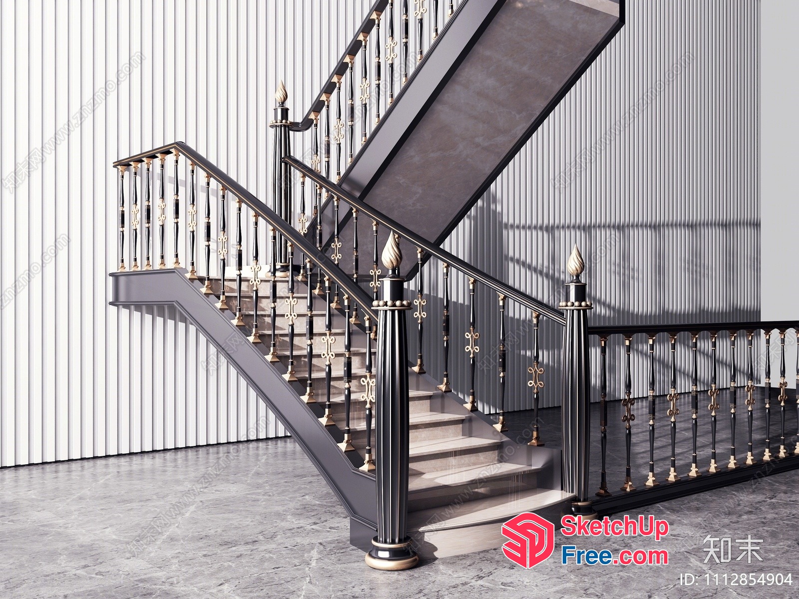 Elegant Staircase With Ornate Railing 3D SketchUp File
