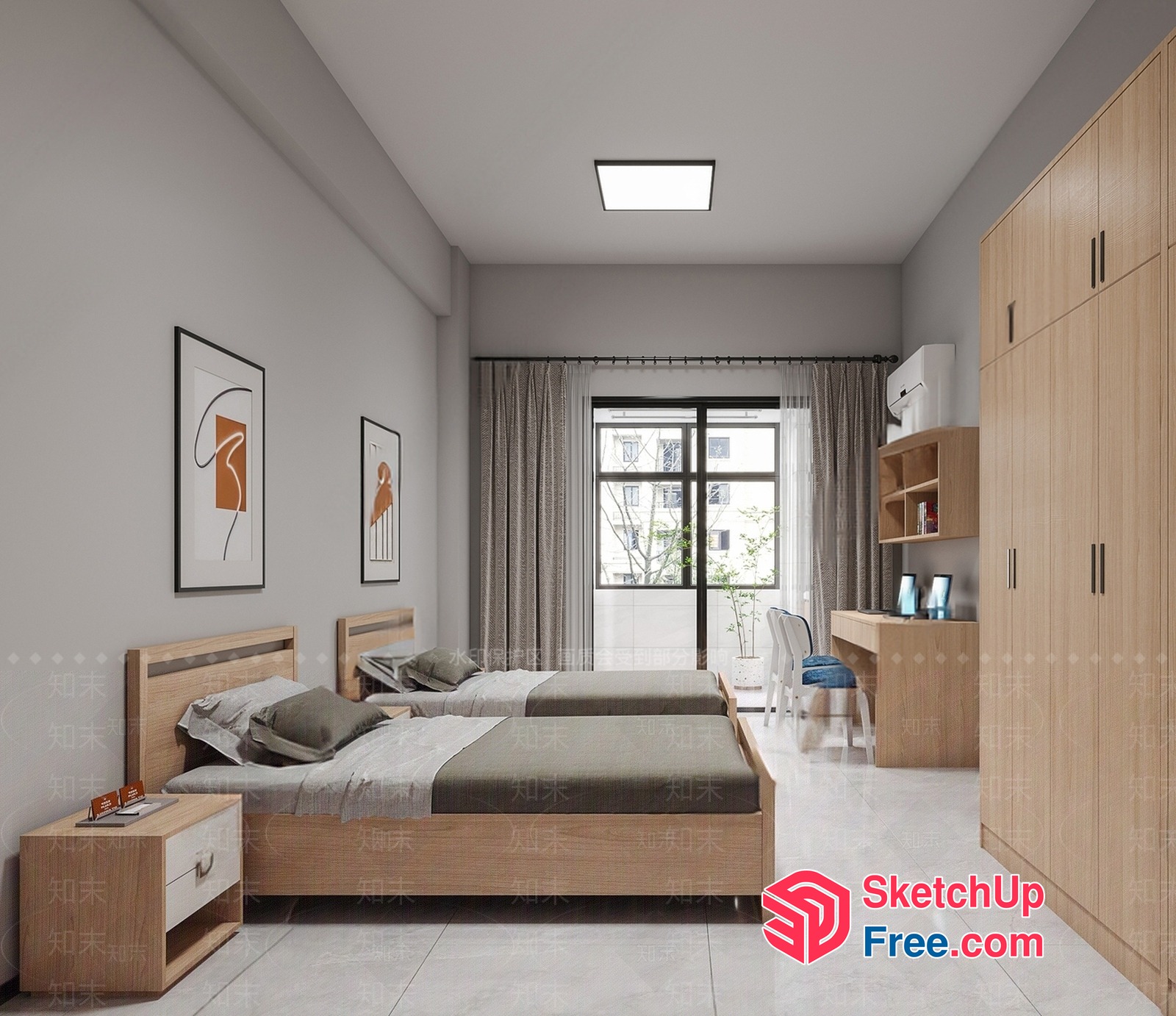 Simple Modern Bedroom With Natural Wood Accents 3D SketchUp File