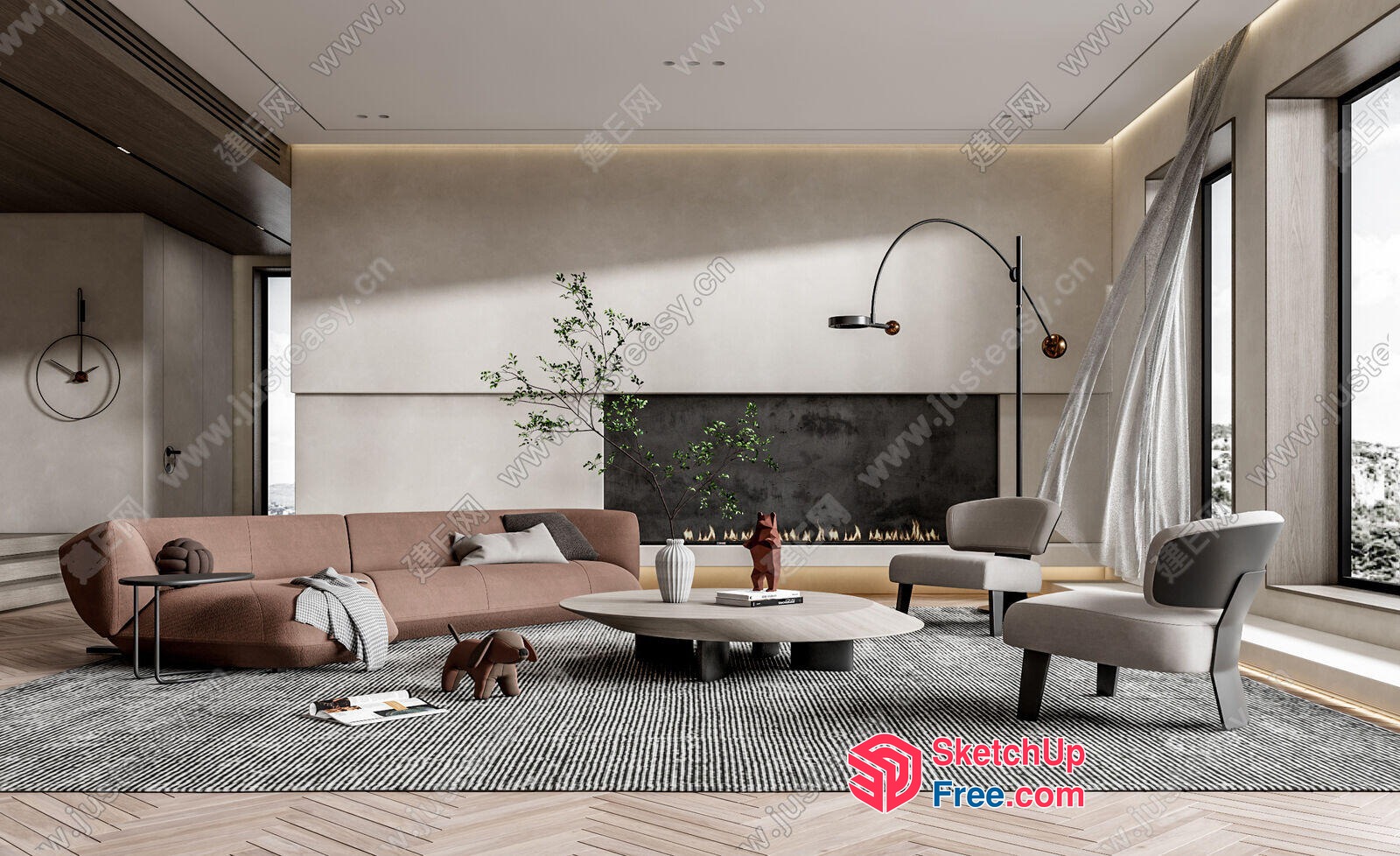 Modern Living Room With Fireplace And Large Windows 3D SketchUp File