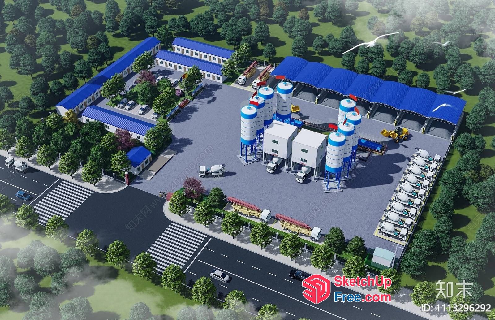 Industrial Park With Blue Roofs And White Buildings 3D SketchUp File