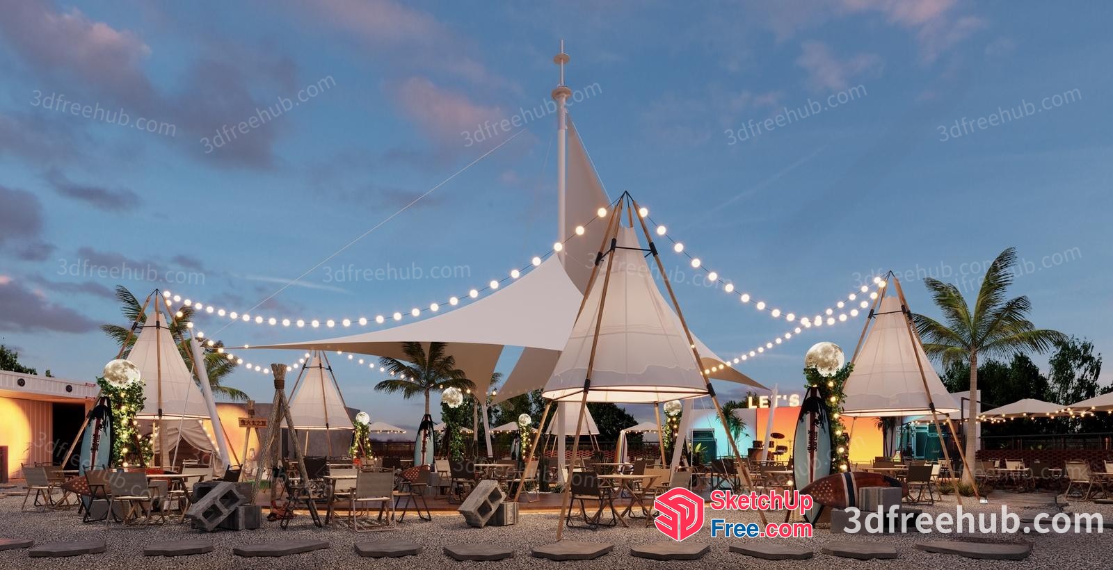 Outdoor Seating Area With Sails And String Lights 3D SketchUp File