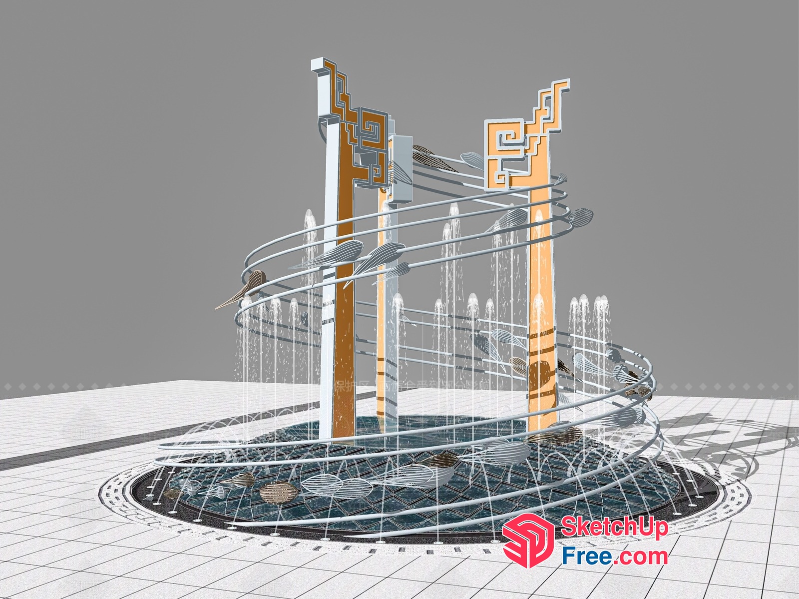 Water Feature With Ornate Pillars And Birds 3D SketchUp File
