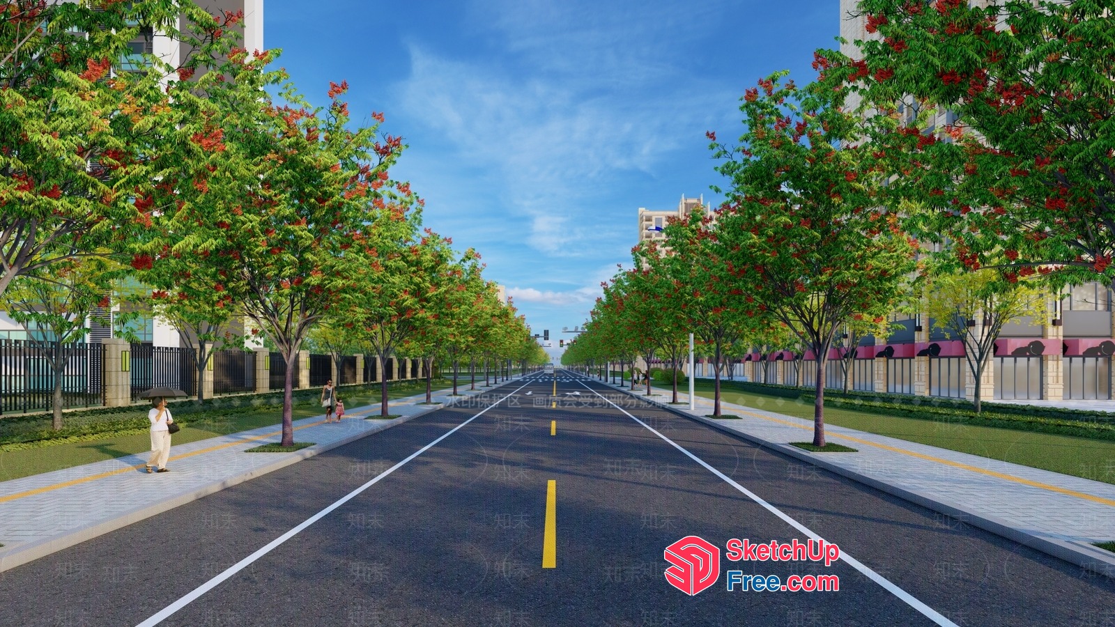 Commercial Street With Trees And People Walking 3D SketchUp File
