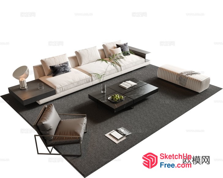 Modern Living Room With Creamy Style Sofa And Dark Wood Furniture 3D SketchUp File