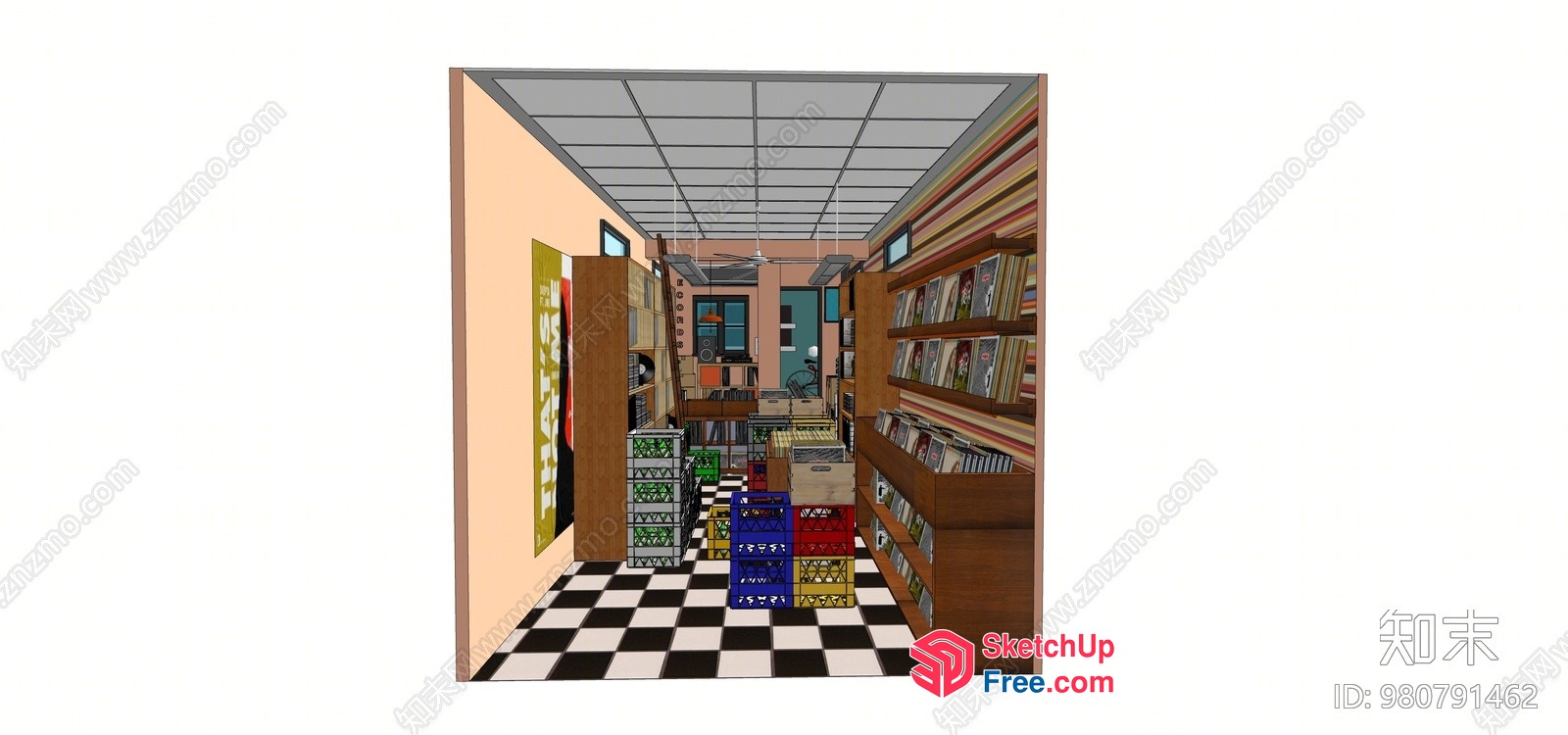Vintage Style Bookstore With Checkered Floor 3D SketchUp File