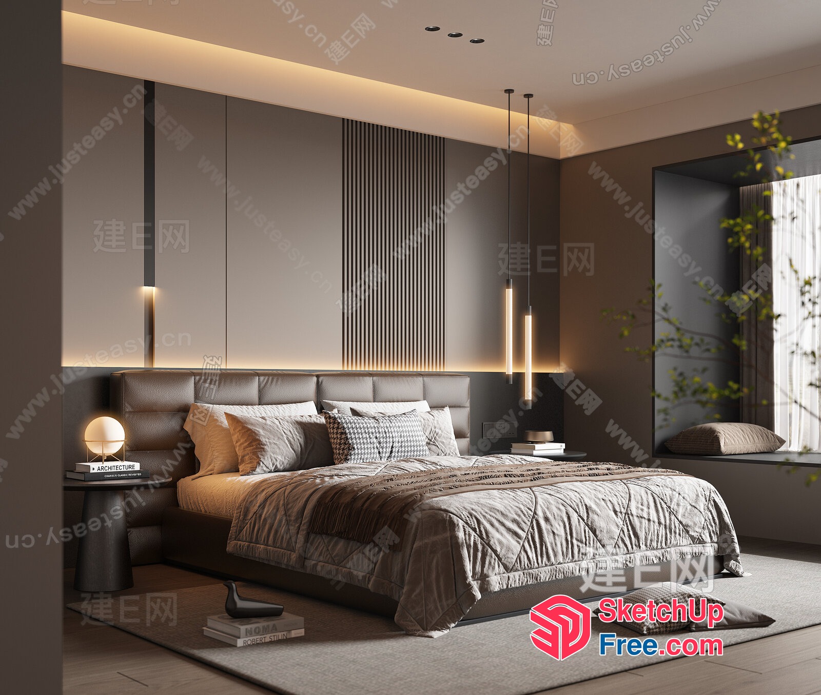 Modern Minimalist Bedroom With Sleek Bed And Pillows 3D SketchUp File