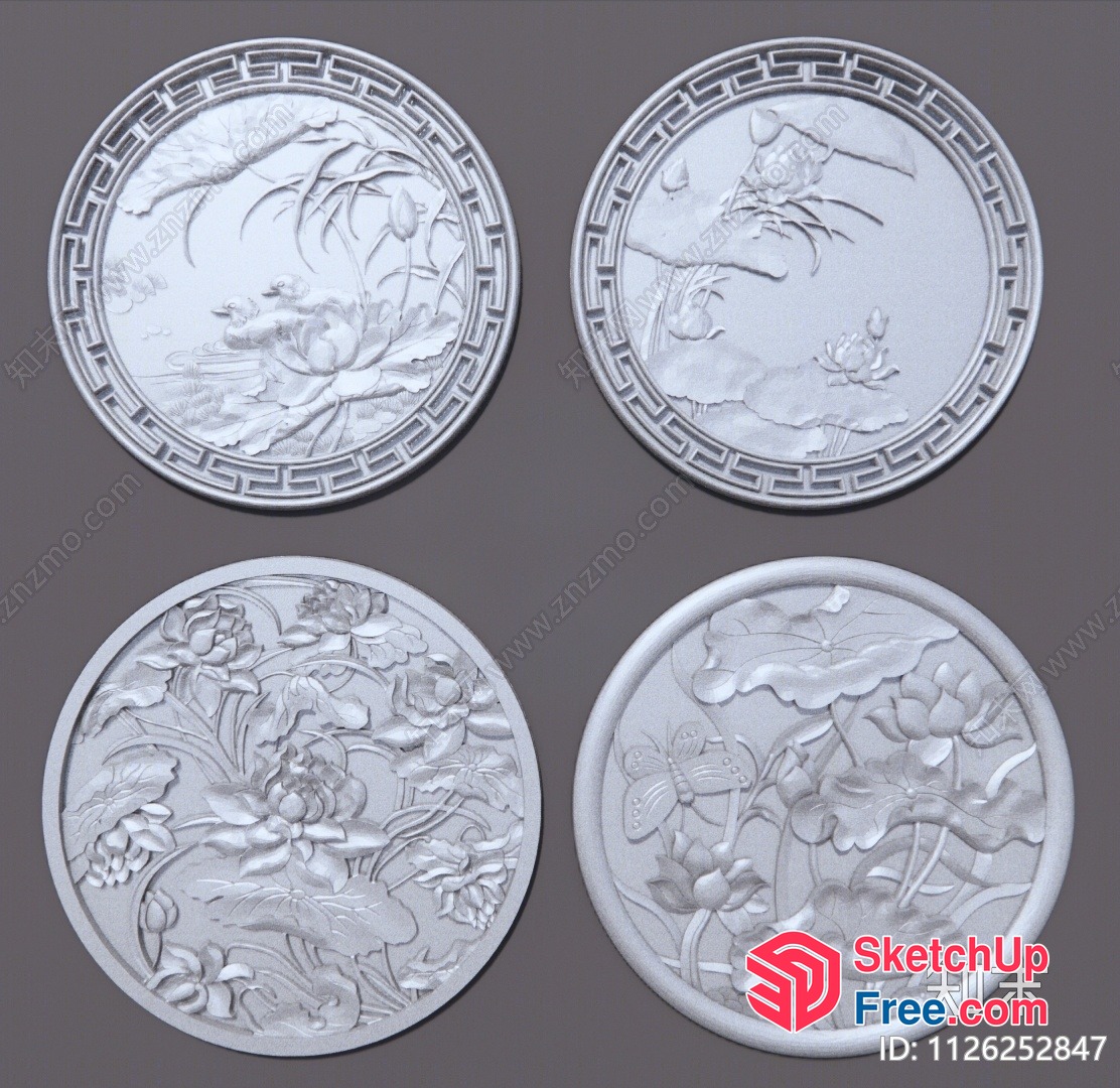 Carved Floral Designs On Round Decorative Plates 3D SketchUp File