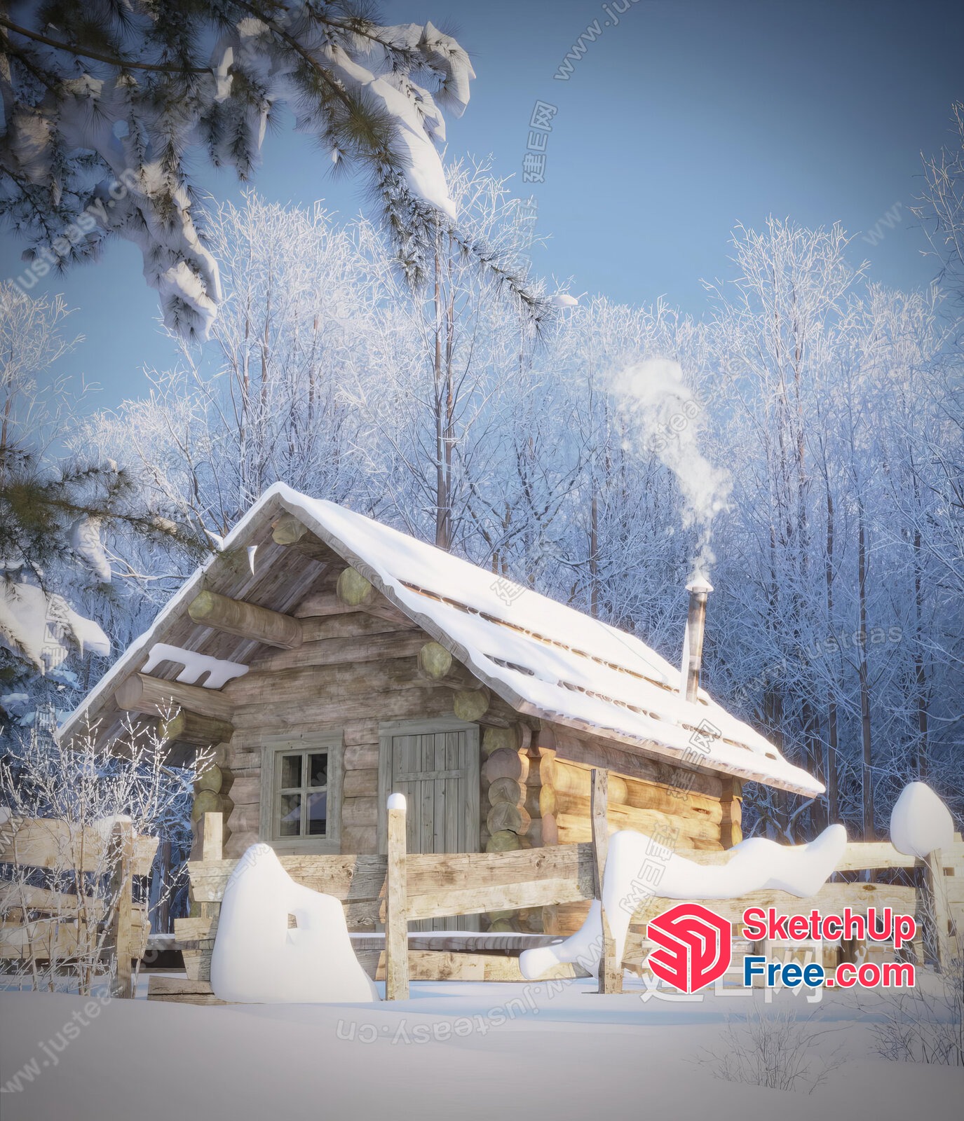 Snowy Log Cabin With Chimney And Fence 3D SketchUp File