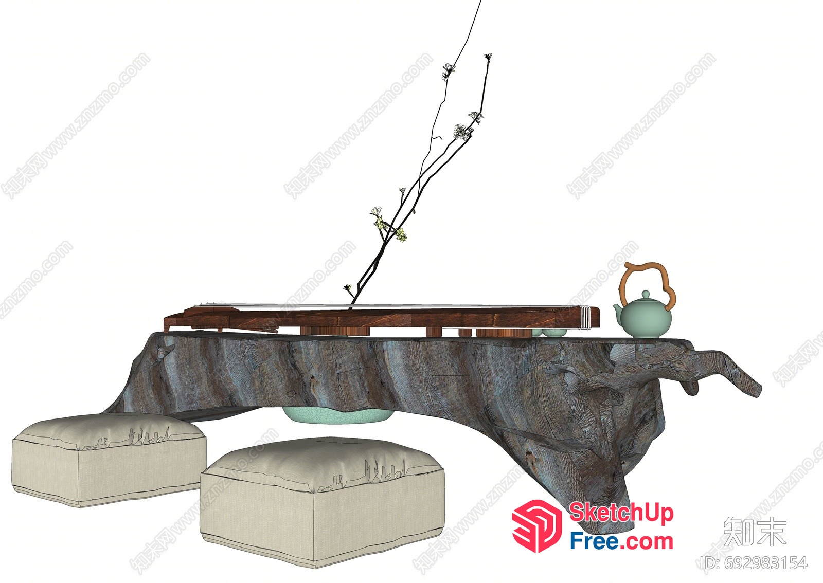 Rustic Wooden Tea Table With Stool And Teapot 3D SketchUp File
