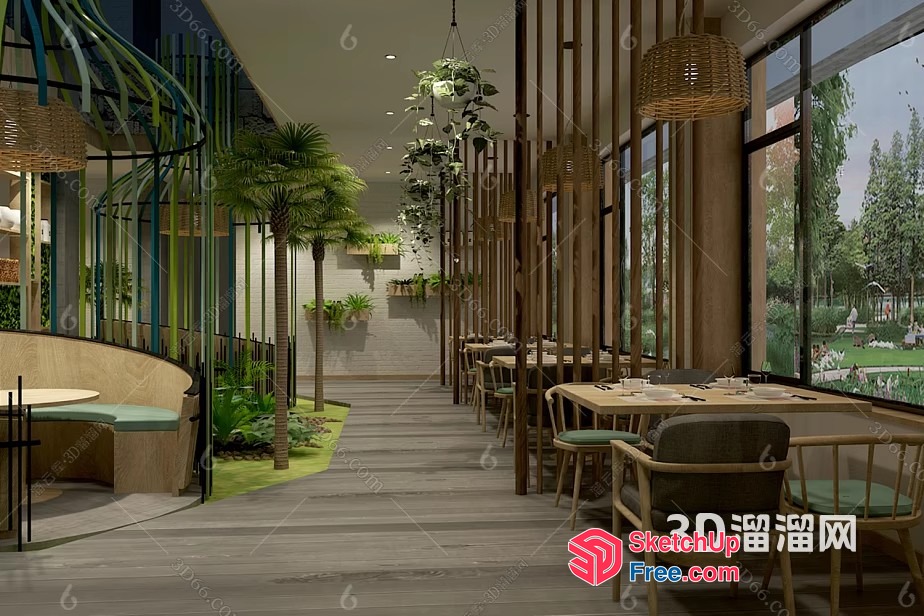 Modern Restaurant With Greenery And Natural Elements 3D SketchUp File