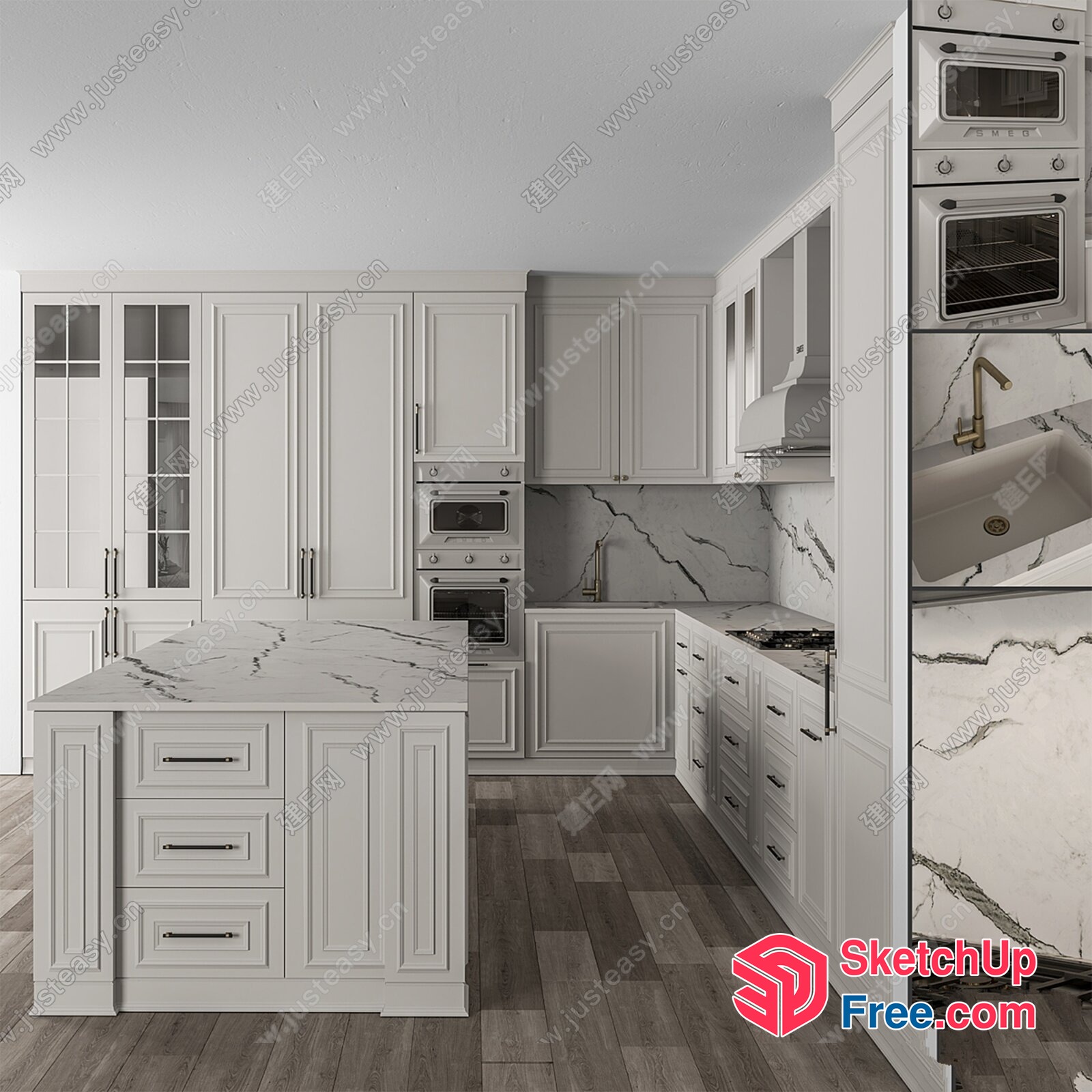 Classic White Kitchen With Marble Countertops And Flooring 3D SketchUp File