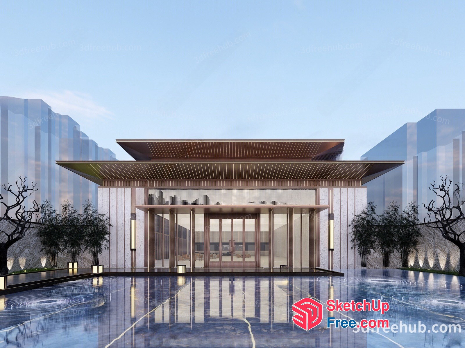 Elegant Modern Exterior Building With Glass Curtain Wall 3D SketchUp File