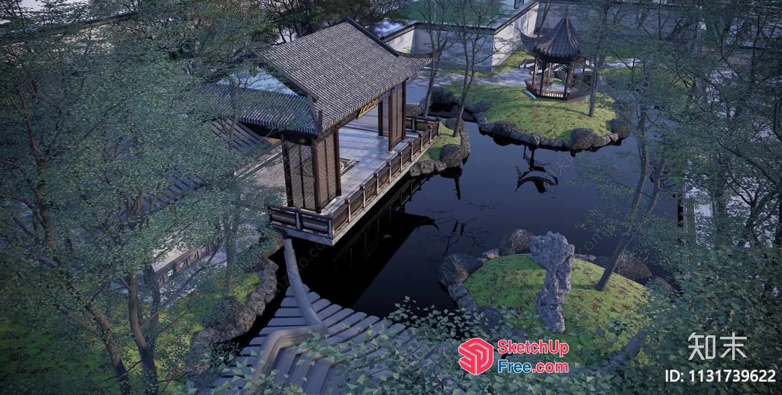 Serene Japanese-Style Pavilion Overlooking A Tranquil Pond 3D SketchUp File