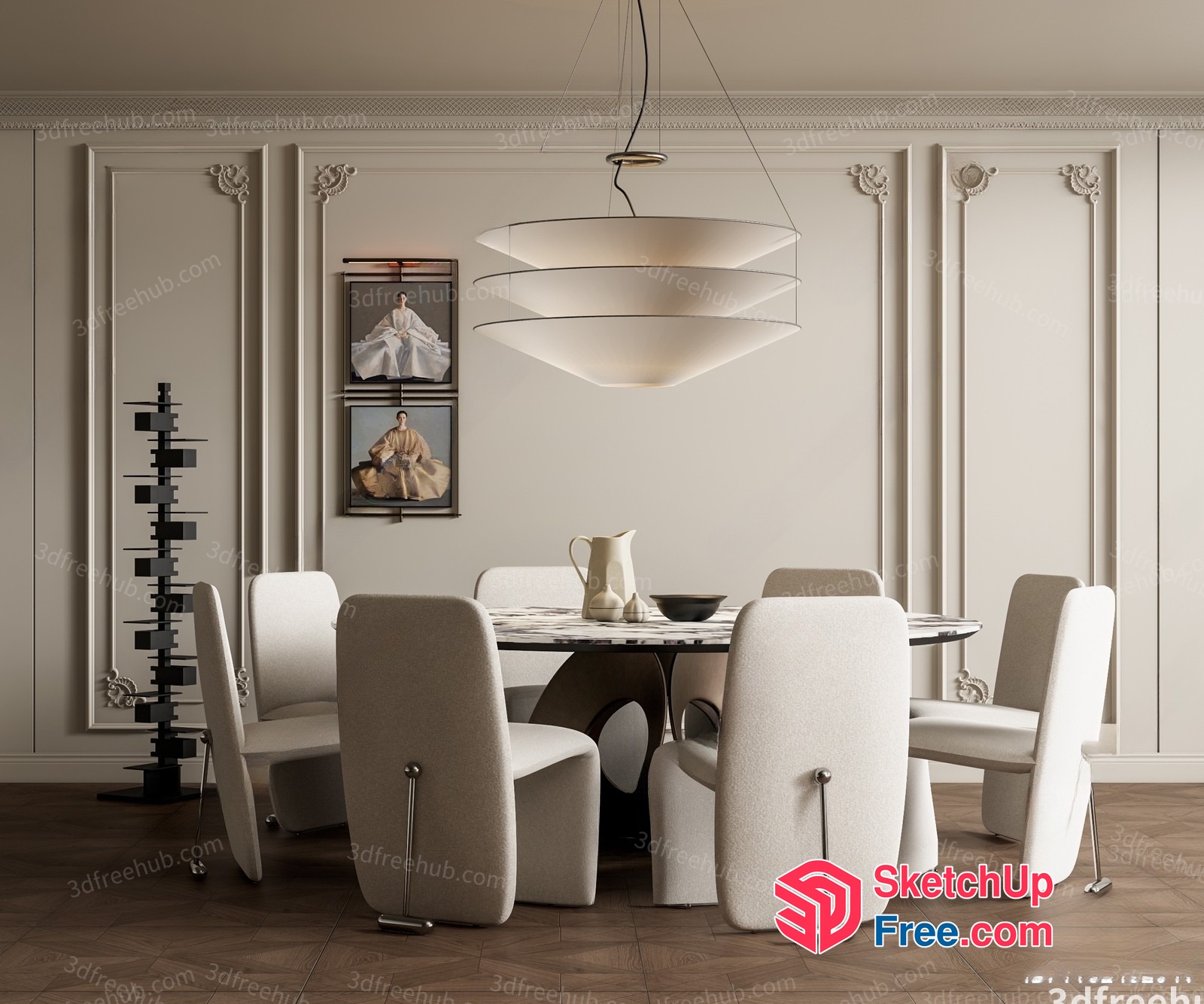 Elegant Dining Room With White Chairs And Table 3D SketchUp File