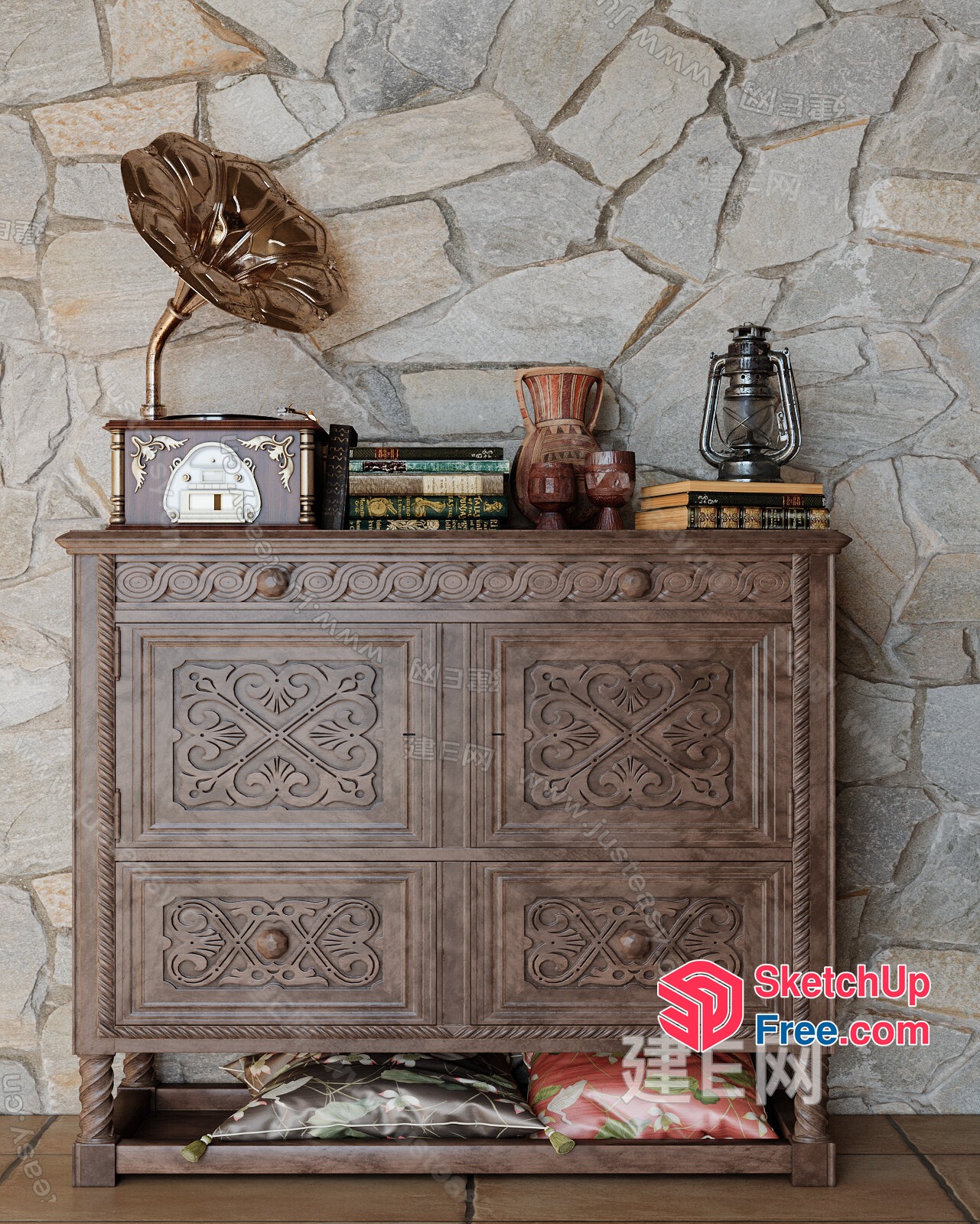 Vintage-Inspired Antique Wooden Dresser With Ornate Carvings 3D SketchUp File