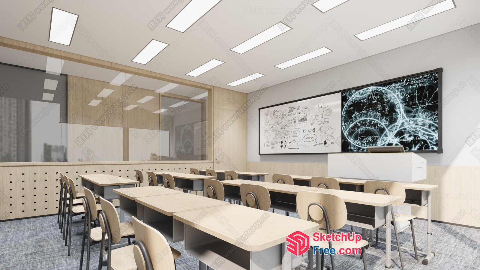 Modern Classroom With Glass Partition And Whiteboard 3D SketchUp File