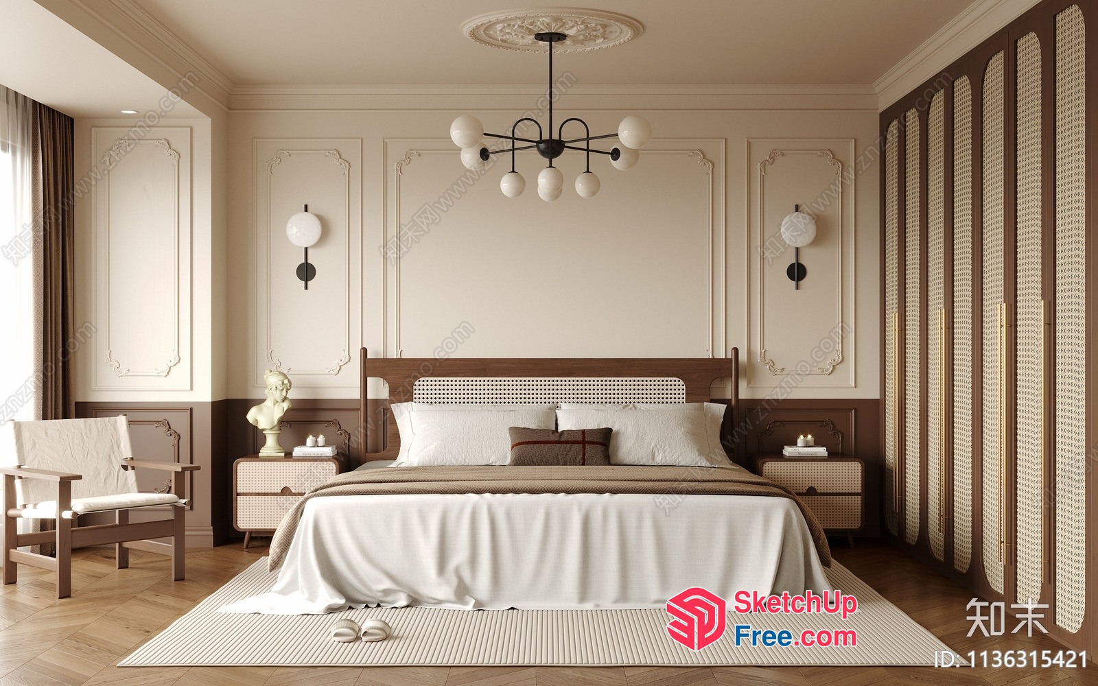 Elegant Creamy Style Bedroom With Classic Moulding 3D SketchUp File