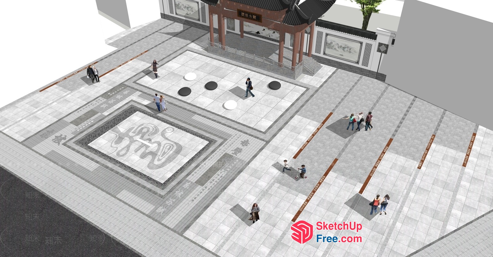 Asian-Inspired Courtyard With Traditional Architecture 3D SketchUp File