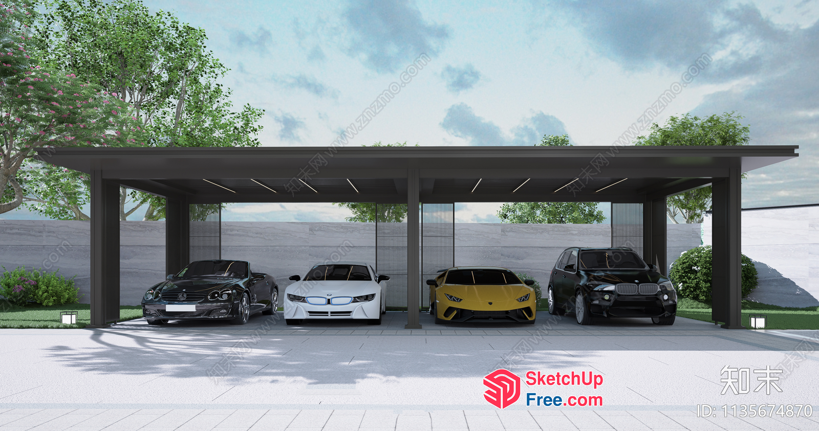 Four Cars In A Modern Carport 3D SketchUp File