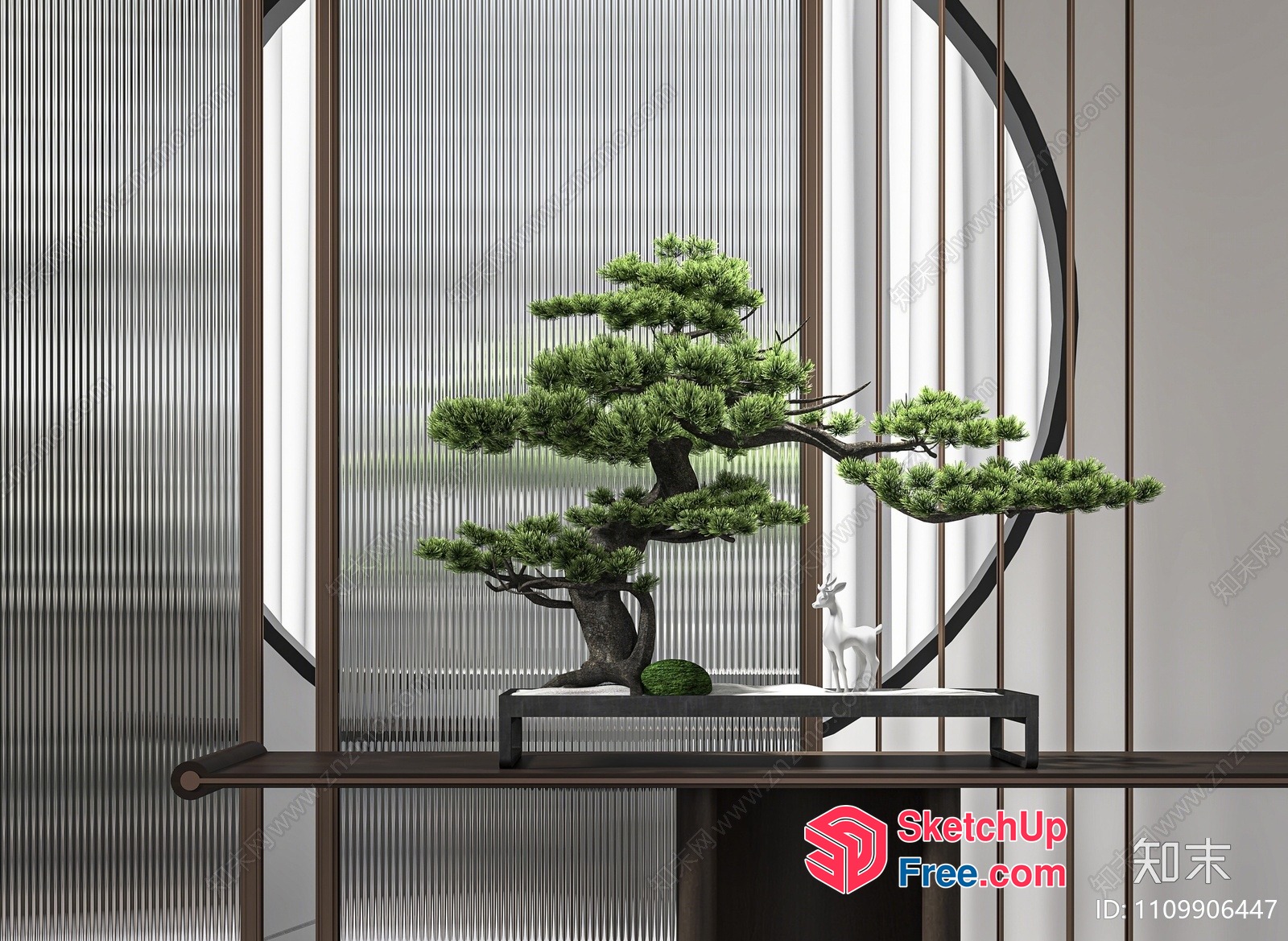 Elegant Japanese-Style Room With A Bonsai Tree And White Deer 3D SketchUp File