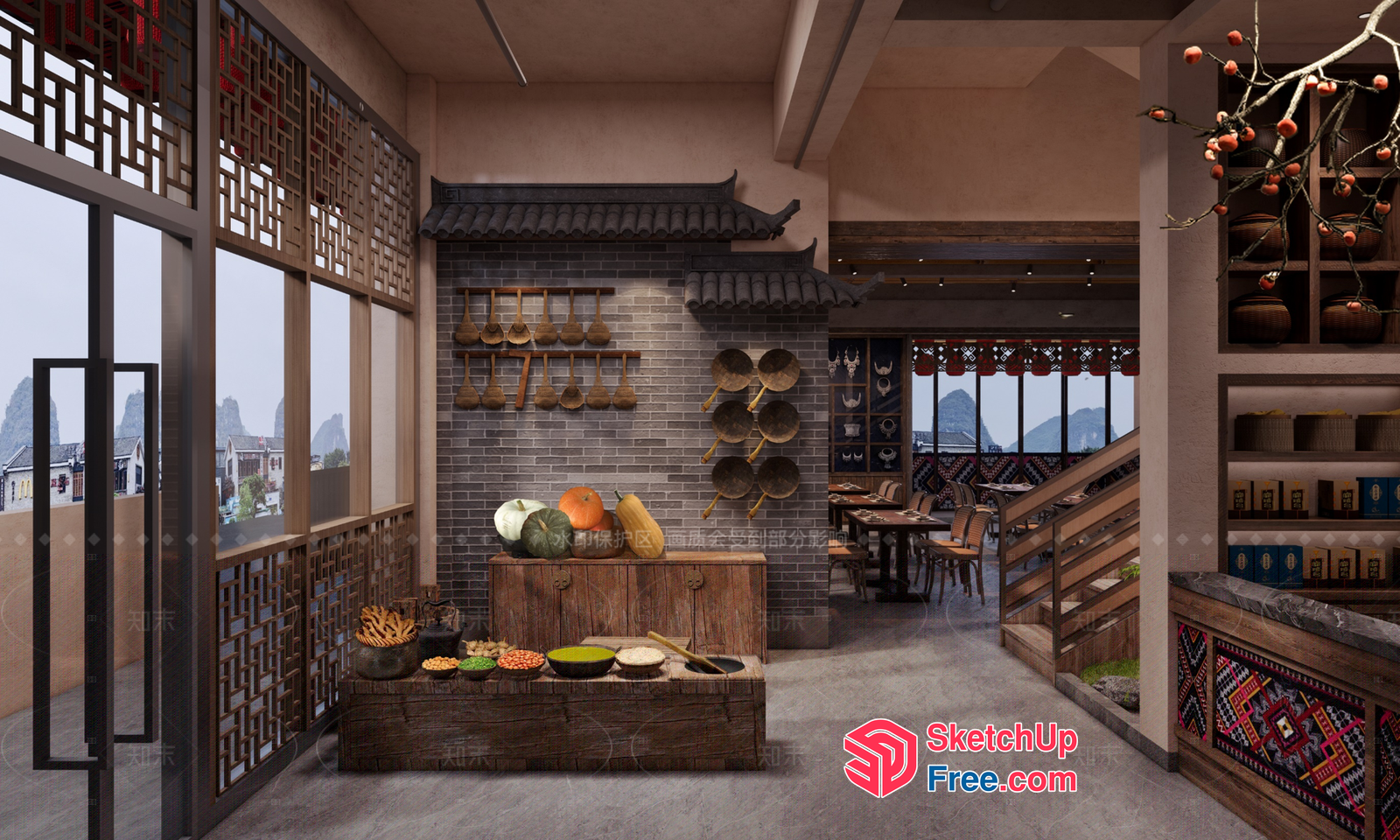 Traditional Asian-Inspired Dining Room With Natural Elements 3D SketchUp File