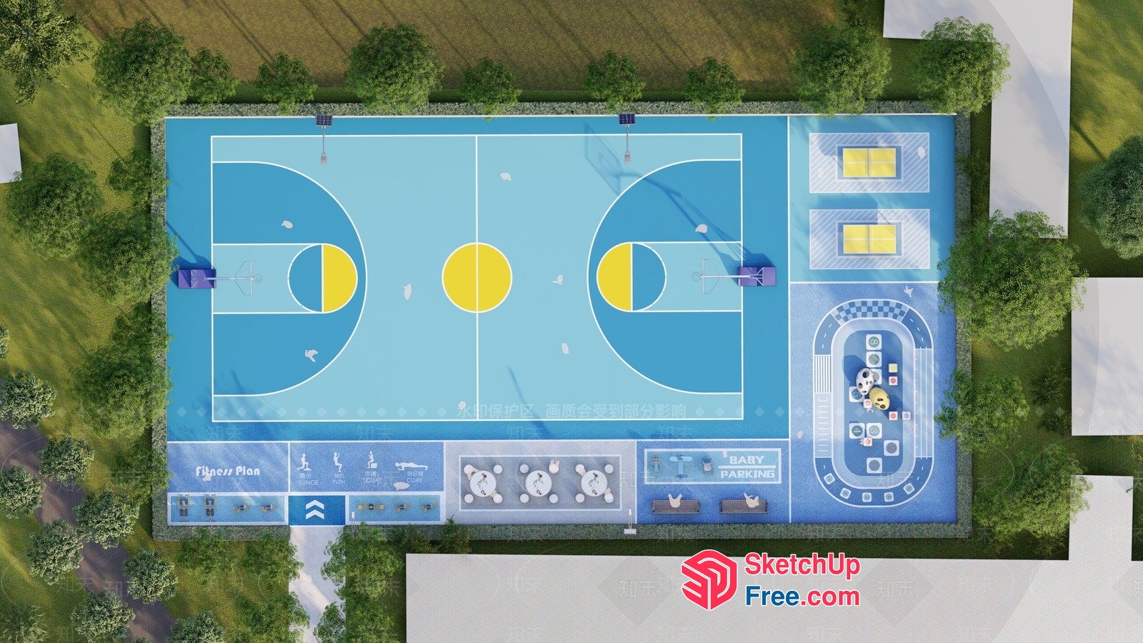 Basketball Court With Blue And Yellow Design 3D SketchUp File