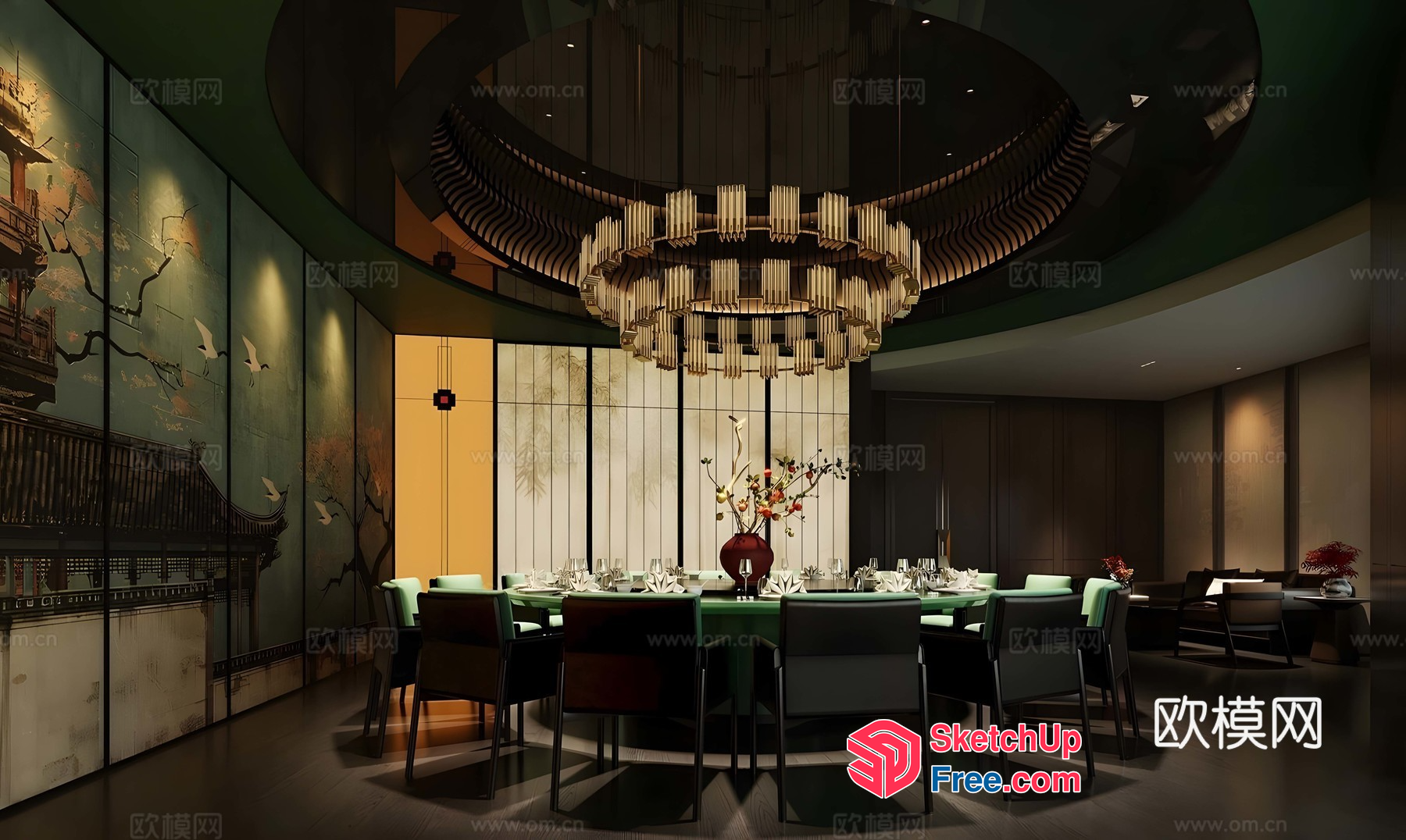 Modern Asian-Inspired Dining Room With Elegant Lighting 3D SketchUp File