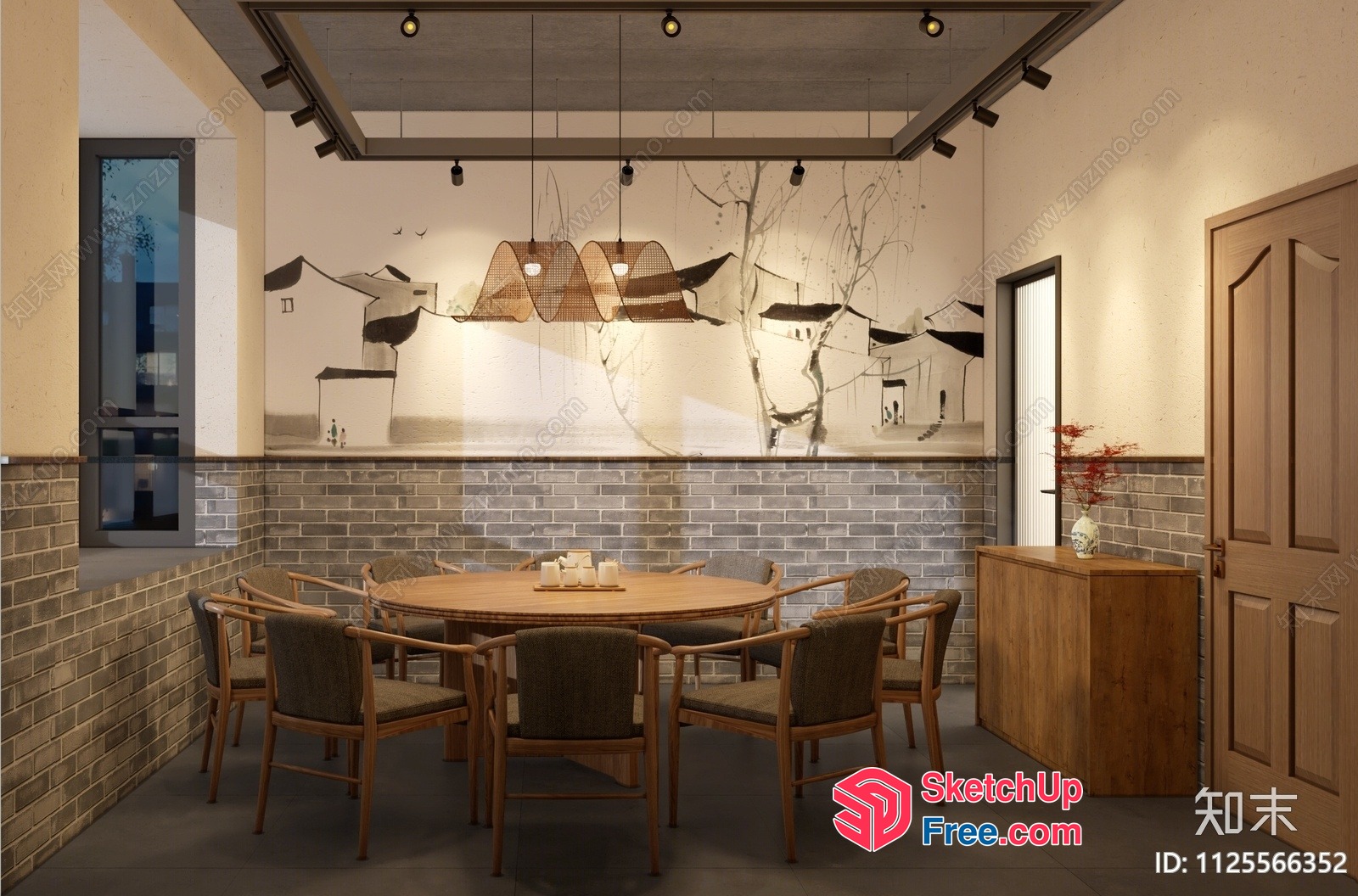 Modern Dining Room With Round Table And Hanging Lights 3D SketchUp File