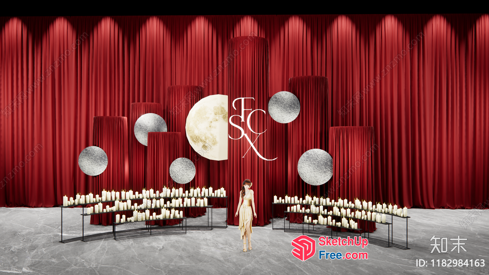 Red Curtain Stage With Moon And Candles 3D SketchUp File