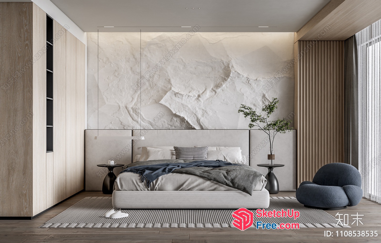 Modern Minimalist Bedroom With White Bed And Grey Accents 3D SketchUp File