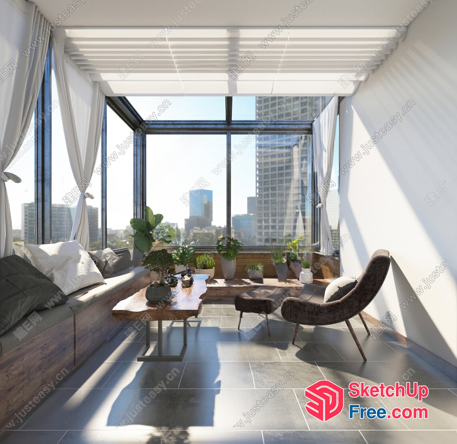 Modern Sunlit Room With Panoramic City View 3D SketchUp File