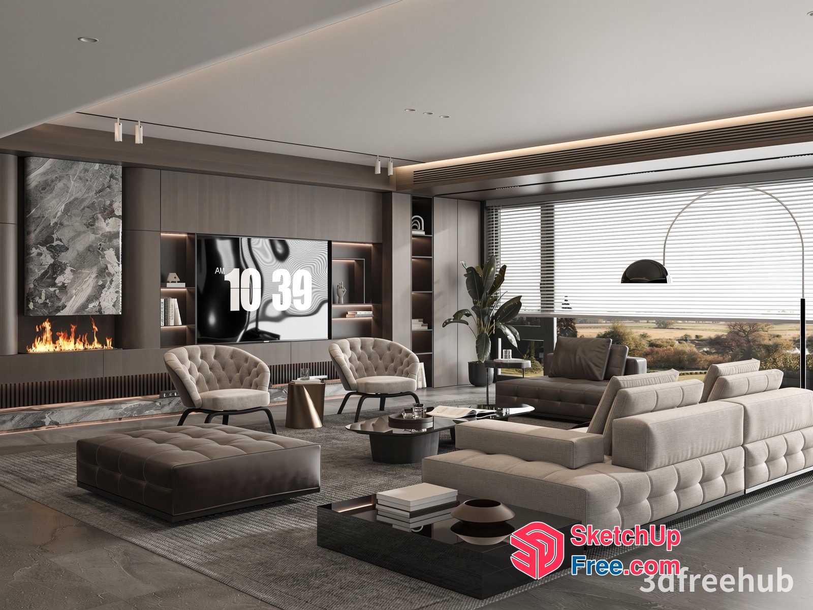 Luxurious Modern Living Room With Fireplace And Tv 3D SketchUp File