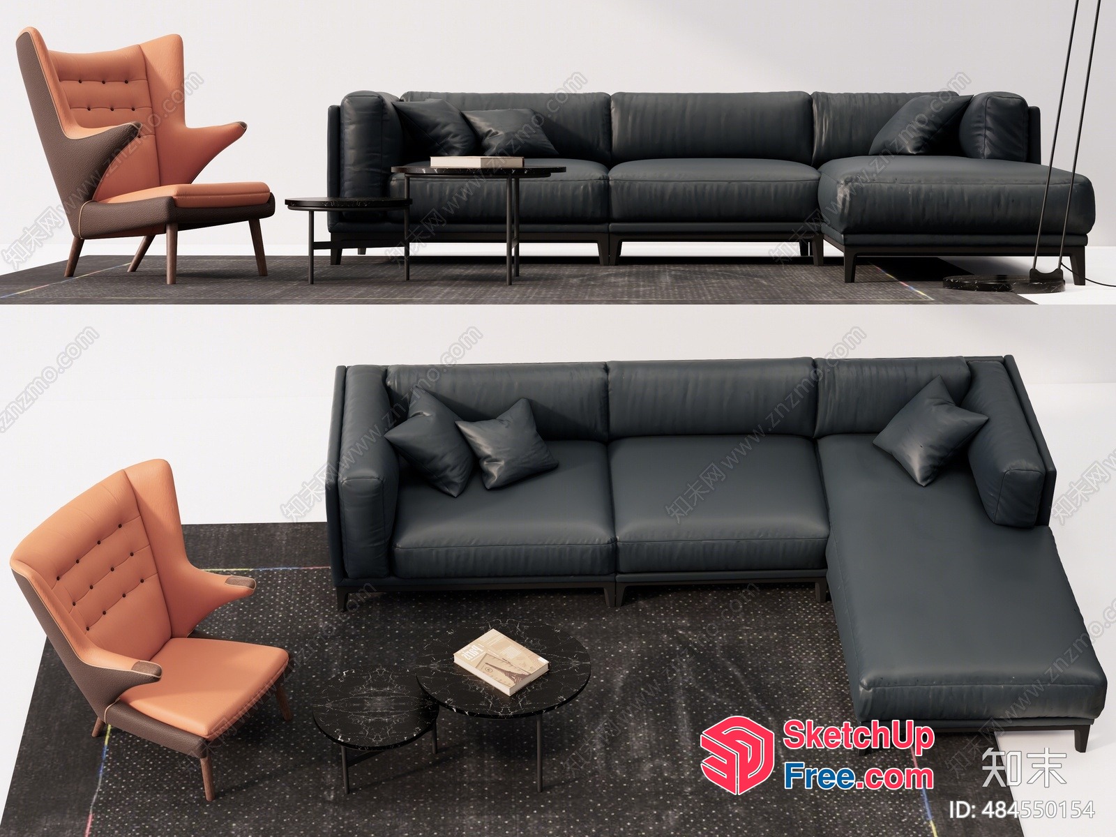 Modern Living Room With Black Leather Sofa And Armchair 3D SketchUp File