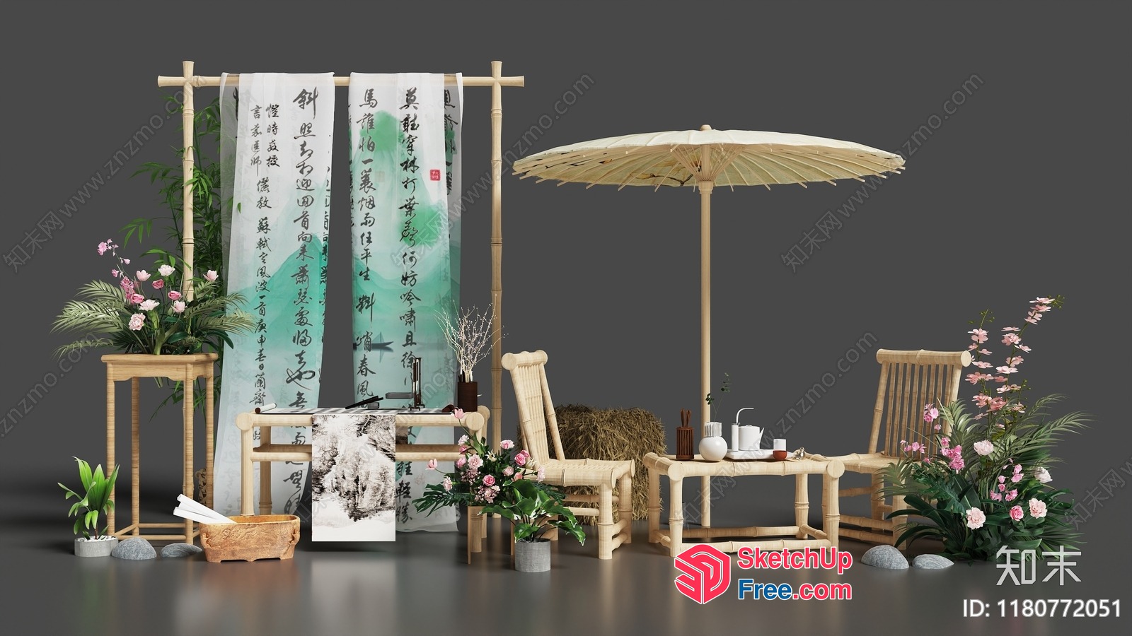 Asian-Inspired Living Room With Calligraphy Art And Bamboo Decor 3D SketchUp File