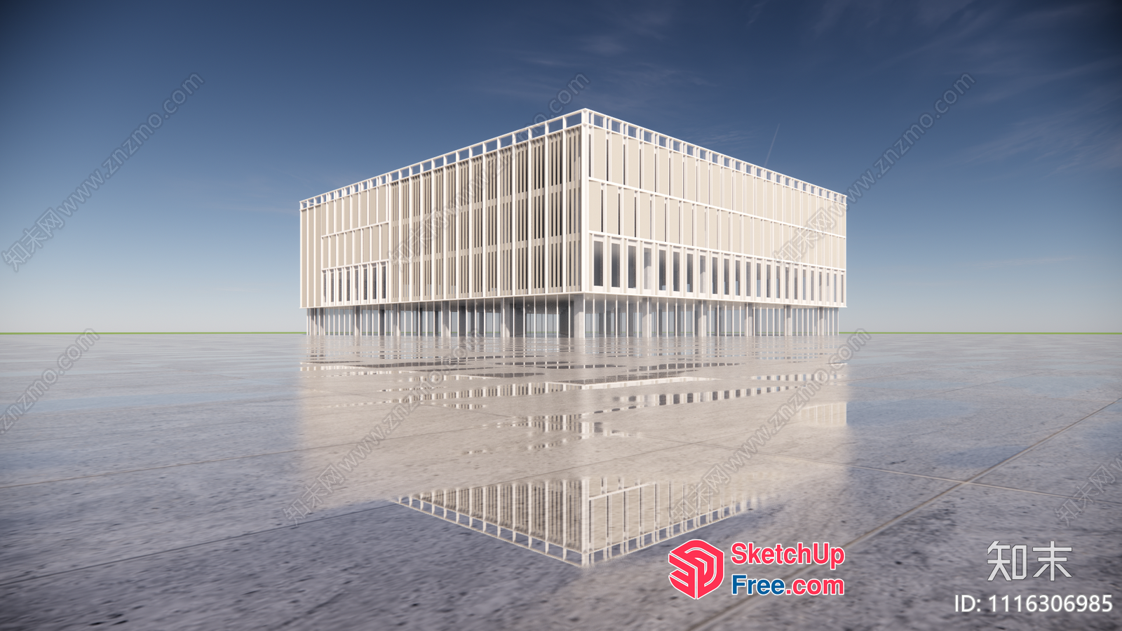 Modern Glass Building With Reflective Floor 3D SketchUp File