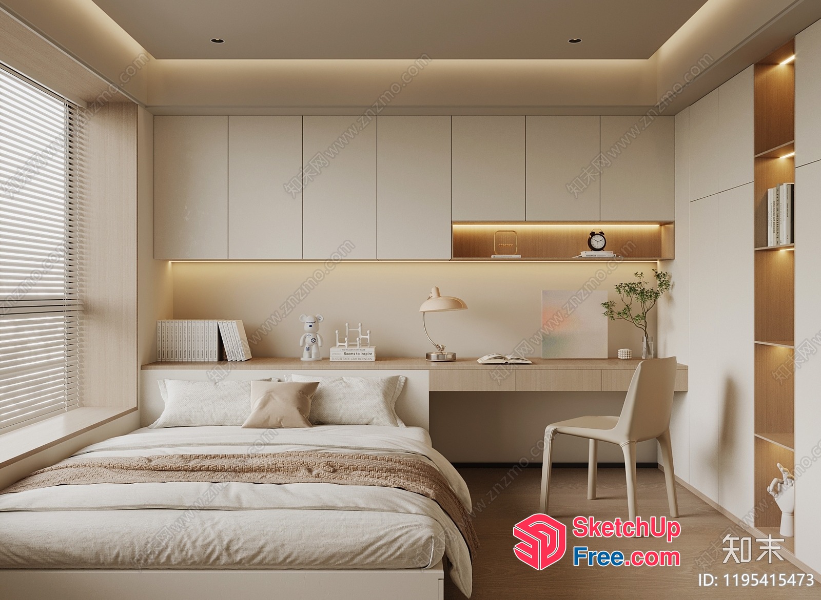 Minimalist Creamy Style Bedroom With Bed And Desk 3D SketchUp File
