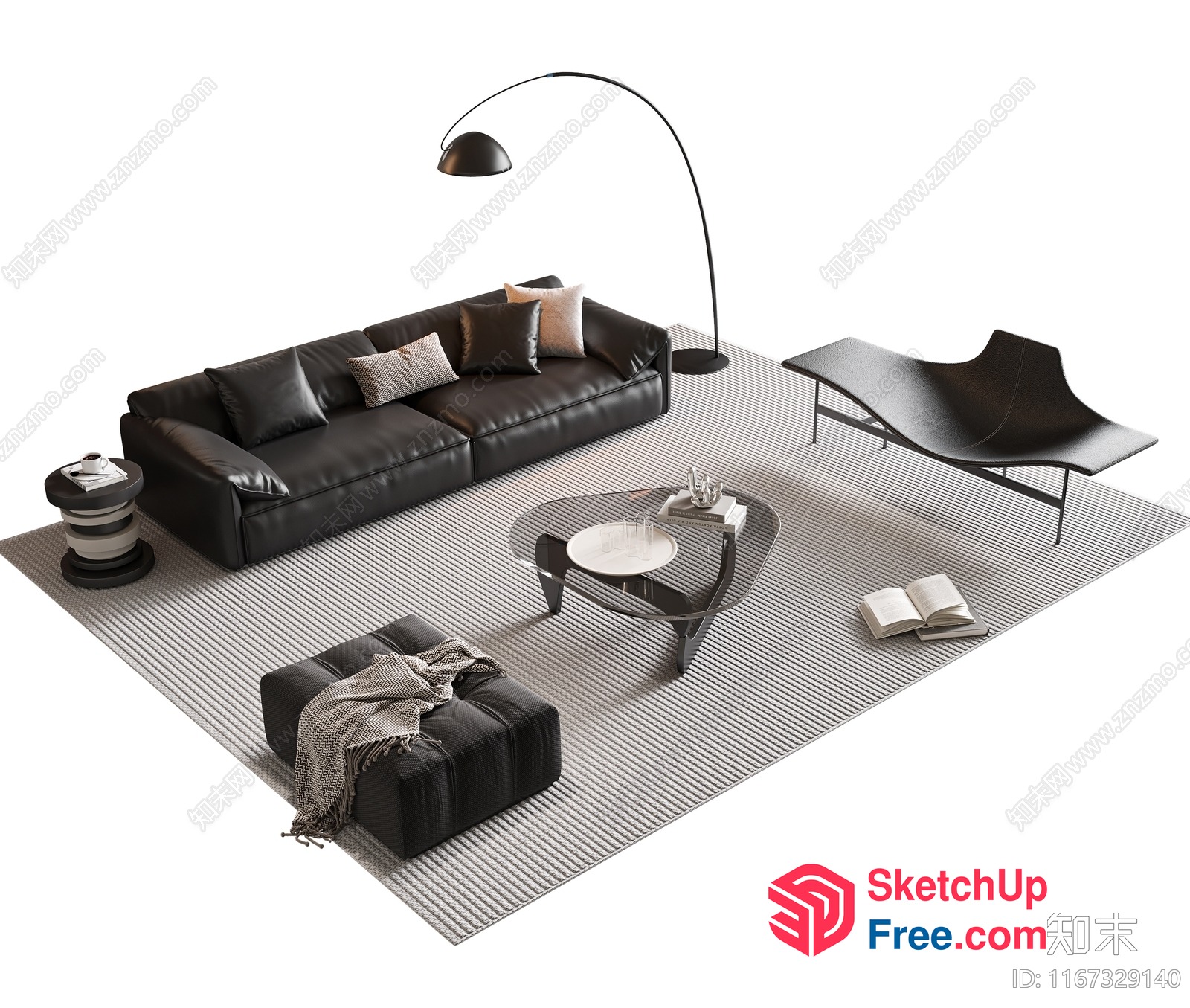 Modern Living Room With Black Leather Sofa And Gray Rug 3D SketchUp File