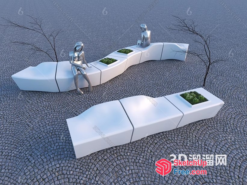 Modern White Outdoor Furniture Set With Green Planters 3D SketchUp File
