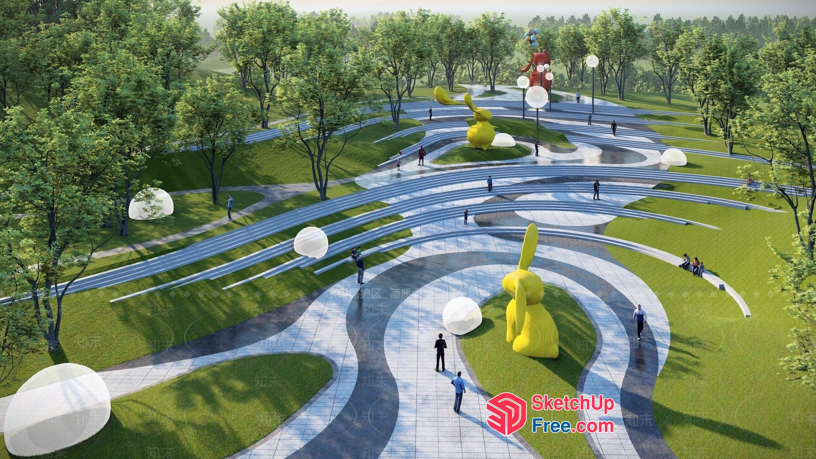 Serpentine Pathway With Sculptural Rabbits 3D SketchUp File