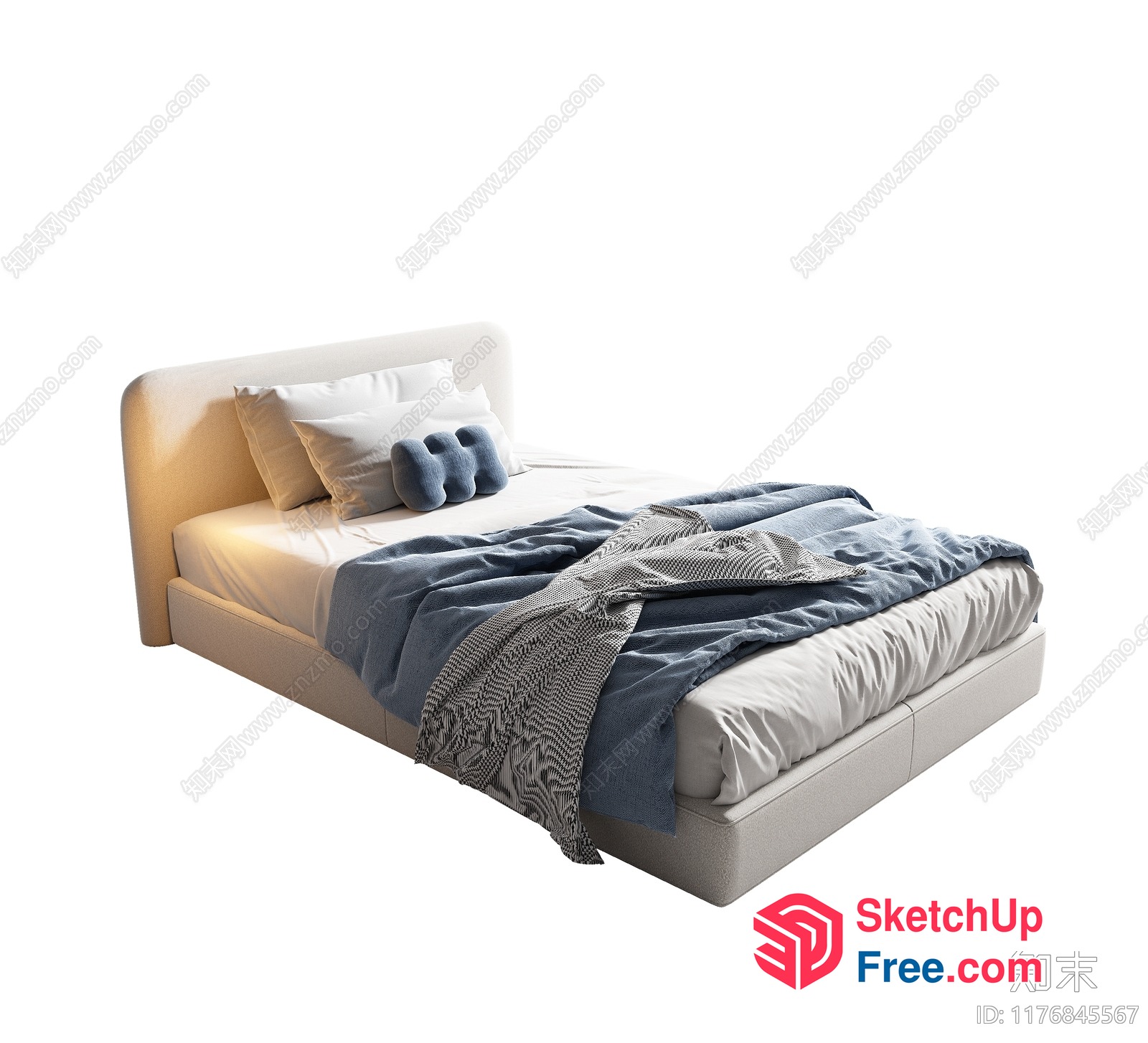 Modern Creamy Style Bed With Pillows And Blanket 3D SketchUp File
