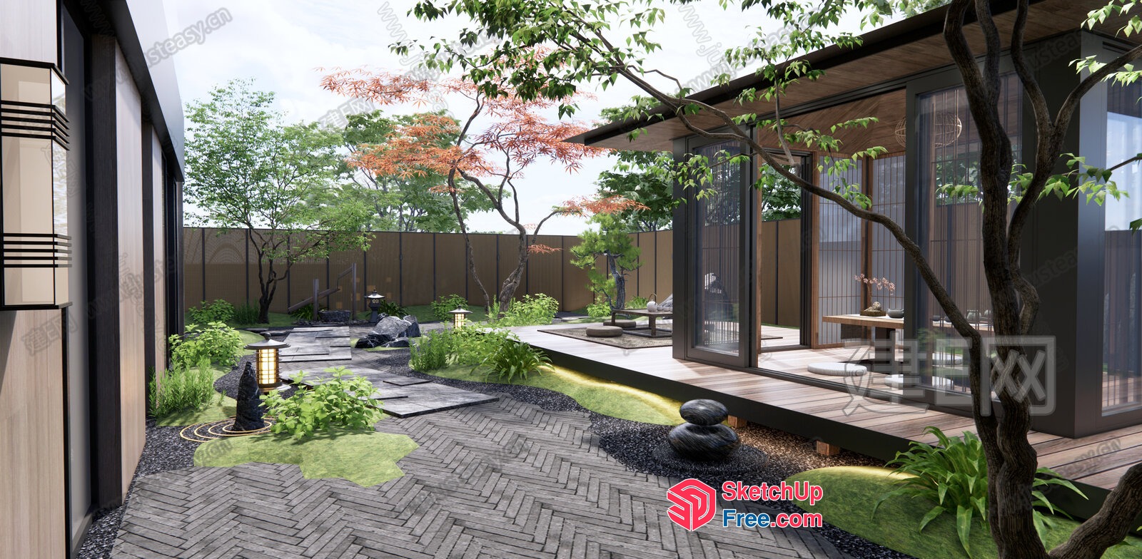 Serene Japanese-Style Courtyard With Wood Accents And Greenery 3D SketchUp File