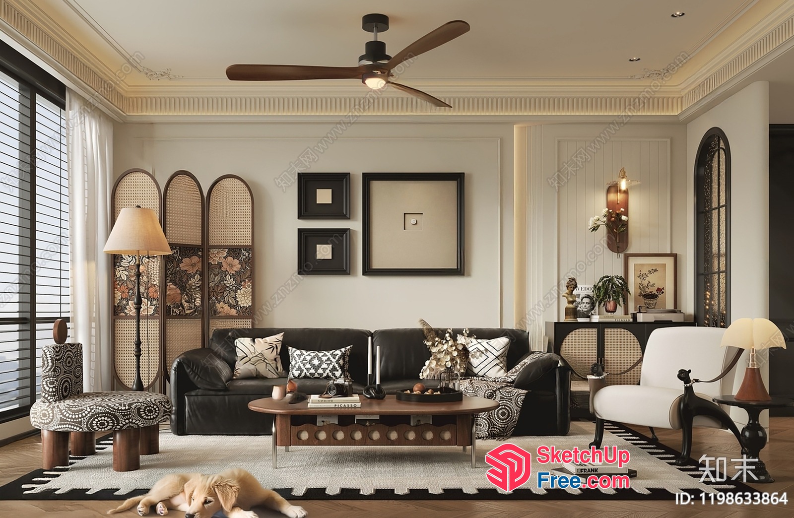 Elegant Living Room With Classic Moulding And Rattan Furniture 3D SketchUp File