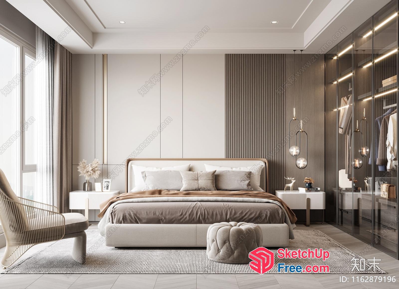 Modern Minimalist Bedroom With Creamy Style And Nordic Decor 3D SketchUp File