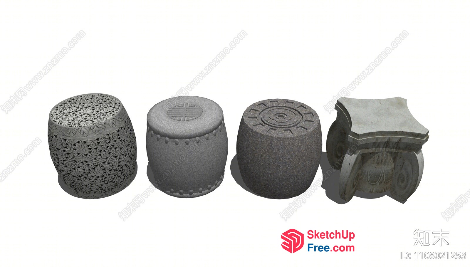 Four Stone Stools With Various Designs 3D SketchUp File