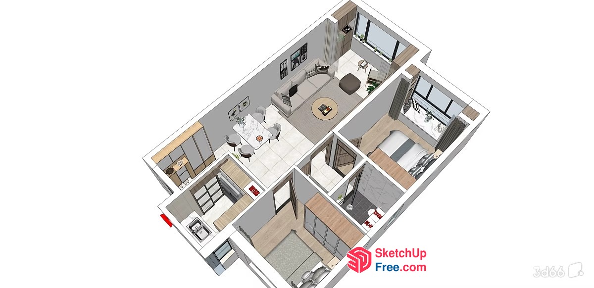 Modern Minimalist Apartment Living Room Floor Plan 3D SketchUp File