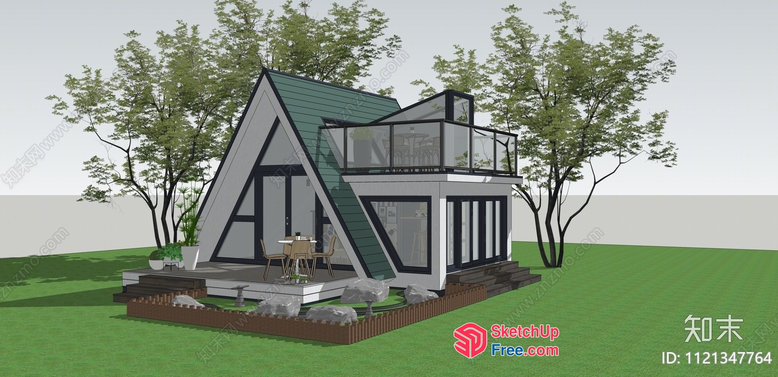 Modern A-Frame House With Glass Balcony And Patio 3D SketchUp File