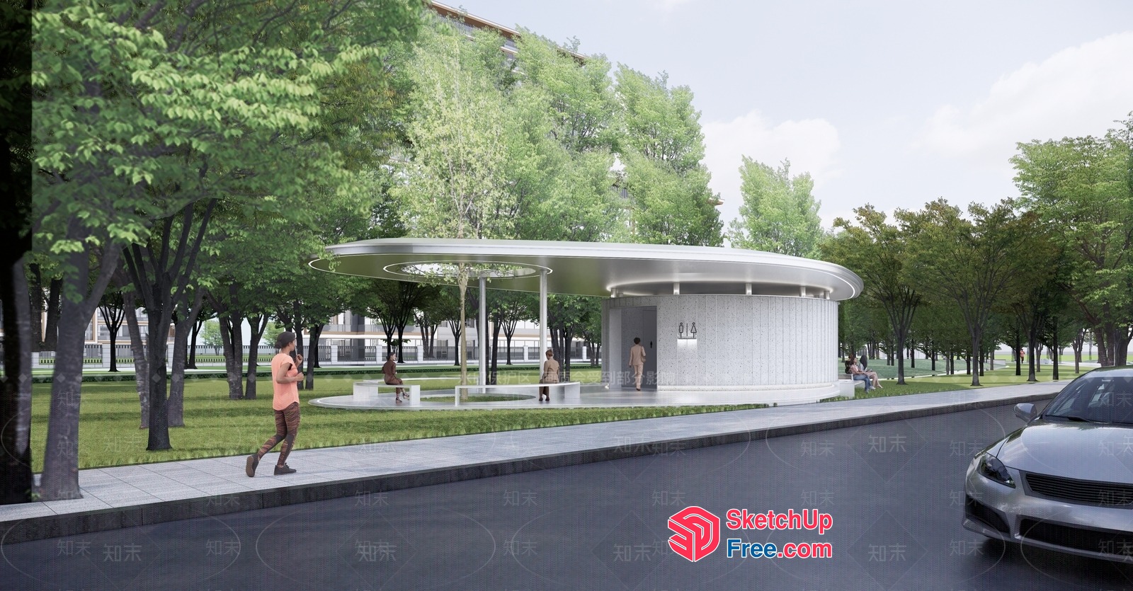 Modern White Building Entrance With Curved Roof 3D SketchUp File