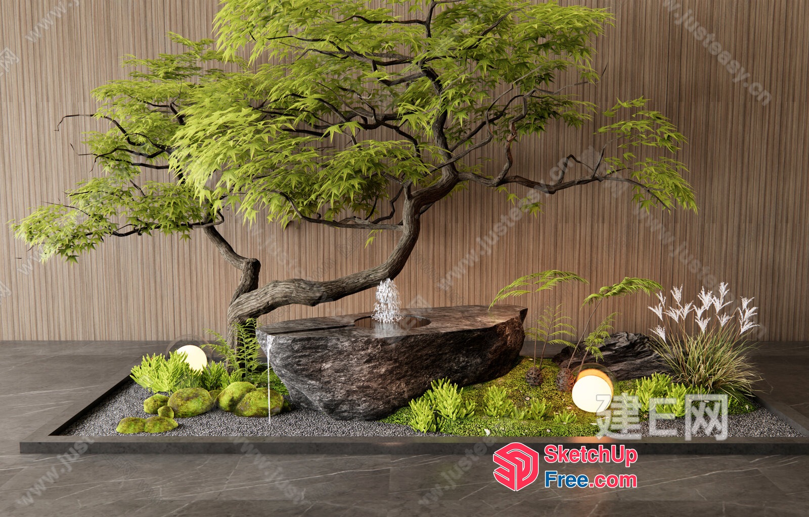 Elegant Japanese-Style Water Feature And Plant Display 3D SketchUp File